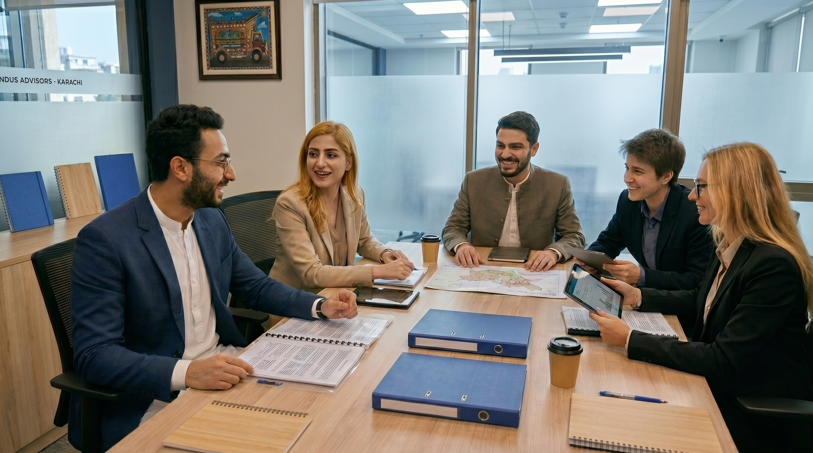 Consultancy team discussing a shared file in a meeting